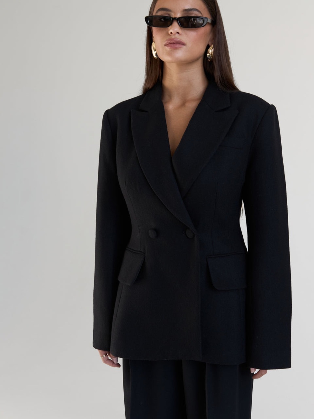 Re Ona Black Double-Breasted Tailored Blazer